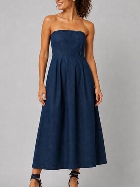 🆕🦋 Seraphina Denim Maxi Dress Blue Top Elastic Waist Tube Casual Chic L Party